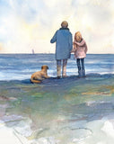 Father and Daughter on the Beach Art Print - Ocean, Waves, Nature, Dog