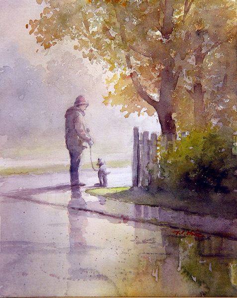 Man and His Dog Friend  Art print of Watercolor Painting -  Friendship, Companion,