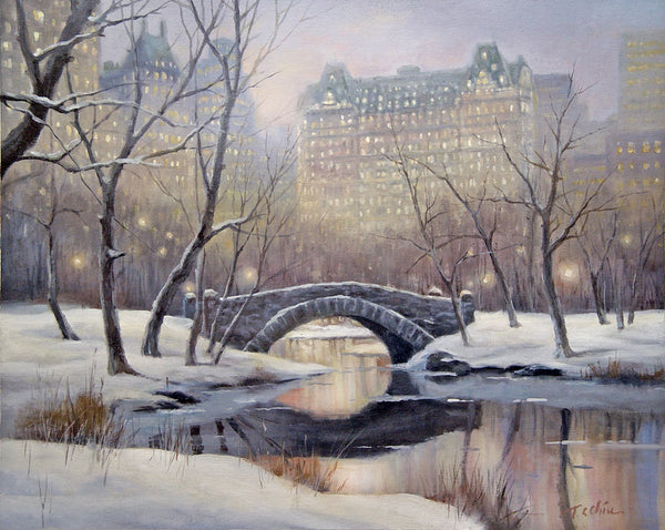 Central Park, New York Manhattan Original Oil Painting Archival Print - Cityscape, Winter Scene, Building, Snow, Stone Bridge, Stream