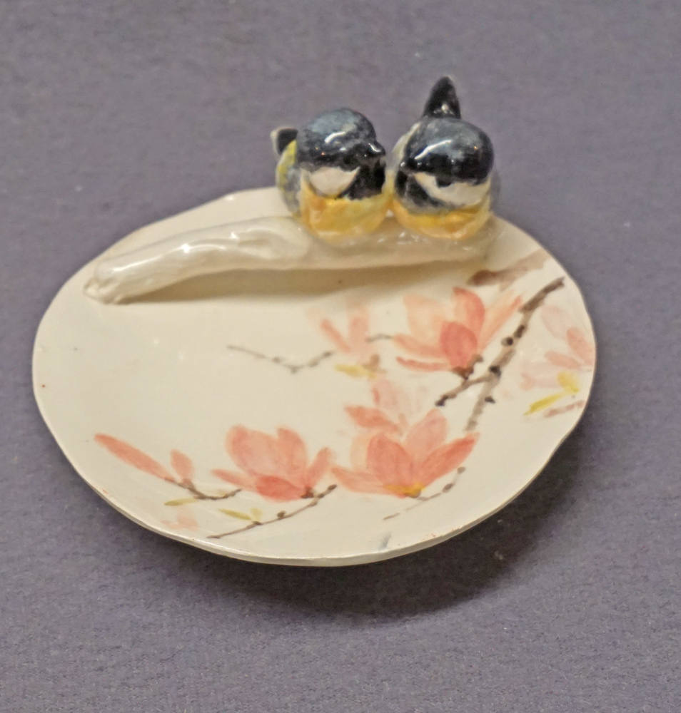 Handmade Hand Painted Ceramic Trinket Dish with Love Birds - Ring