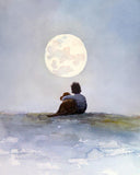 A Boy and His Dog Friend Art Print of Watercolor Painting -  Child, Childhood, Friend, Friendship, Moon, Boy's Room