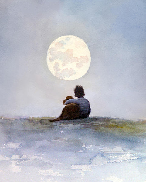 A Boy and His Dog Friend Art Print of Watercolor Painting -  Child, Childhood, Friend, Friendship, Moon, Boy's Room