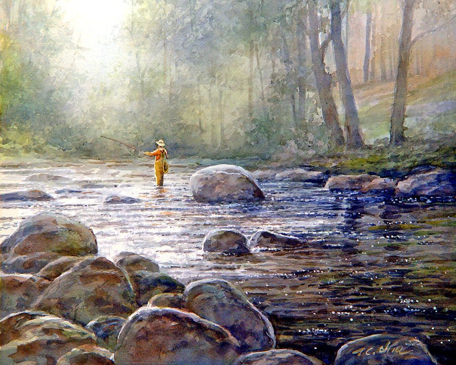 Fishing Art Print of Watercolor Painting - stream, trees, nature