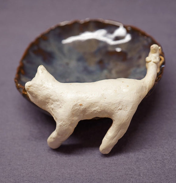 Handmade Ceramic Cat & Mouse Trinket Bowl Ring Holder catch all, soap dish candle holder