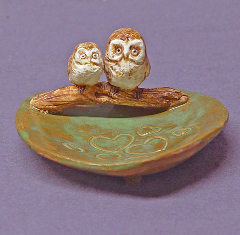 Handmade Ceramic Trinket  Dish with Two Owls - Ring Holder, Jewelry Holder, Birds, Love, Mother's Day Gift