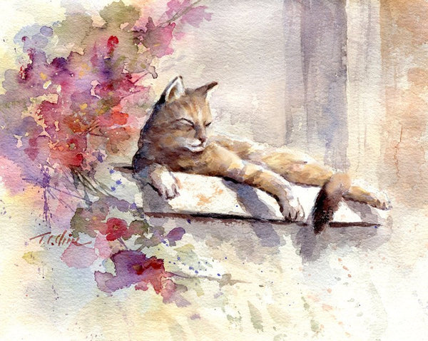 Cat Sunny Day Art Print of Watercolor Painting - Gift for Cat Lovers