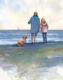 Father and Daughter on the Beach Art Print - Ocean, Waves, Nature, Dog