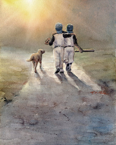 Two Boys Ready to Play Baseball with Dog Art print of Watercolor Painting - Baseball Players with Dog