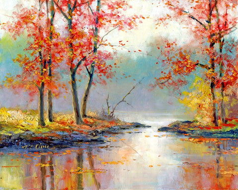 Fall Scene Art Print of Watercolor Painting - Trees, Nature, Lake, Peaceful Gift Watercolors