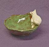 Handmade Ceramic Trinket Bowl with a Sleeping Cat, Ceramic Cat, Ring Holder, Jewelry Holder, Green