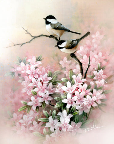 Chickadee and Flowers, Archival Print of Watercolor Painting