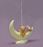 Handmade Ceramic Cat Fishing on a Moon with its Pelican Friend, Ceramic Figurine, Ceramic Sculpture