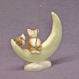 Handmade Ceramic Cat Fishing on a Moon with its Pelican Friend, Ceramic Figurine, Ceramic Sculpture