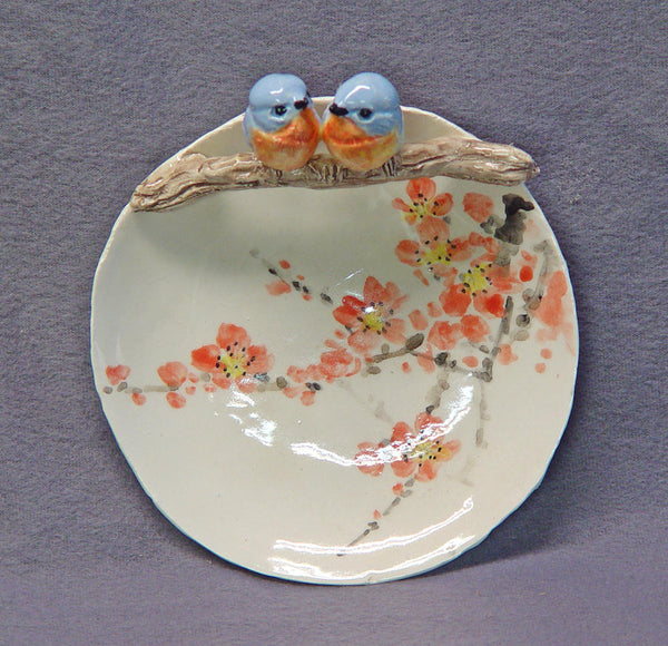 Handmade - Hand Painted  Ceramic  Plate with  Blue Love Birds - Wall Hanging Art Decor--Trinket Holder, Ring Holder, Jewelry Holder