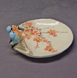 Handmade - Hand Painted  Ceramic  Plate with  Blue Love Birds - Wall Hanging Art Decor--Trinket Holder, Ring Holder, Jewelry Holder