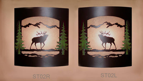 Pair of 2 Wall Sconce Rustic Elk Light, Cabin Decor Lamp, Hand Painted Left & Right Facing