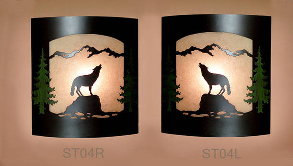 Pair of 2 Wall Sconce Rustic Wolf Light, Cabin Decor Lamp, Hand Painted Left & Right Facing