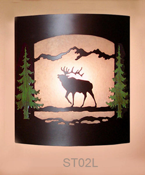 Wall Sconce Rustic Elk Light, Cabin Decor Lamp, Hand Painted Pine Tree Left Facing