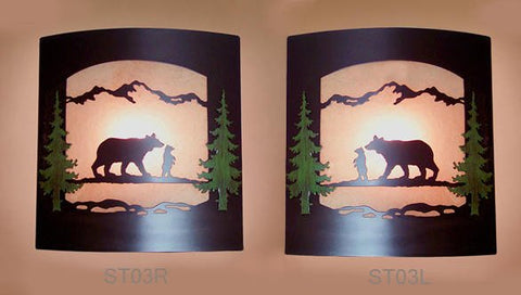 Pair of 2 Wall Sconce Rustic Bears Lights, Cabin Decor Lamp Hand Painted Left & Right Facing