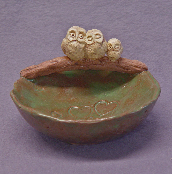 Handmade Ceramic Bowl with an Owl Family - Trinket Holder, Ring Holder, Jewelry Holder, Ceramic Owl,  Ceramic Art,