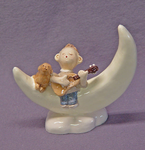 A Boy Playing Guitar with  his Dog Friend on the moon - Handmade Ceramic Figurine, Dog Figurine, Child, Childhood,Fantasy