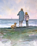 Father, Daughter and their Dog on The  Beach - Art print of watercolor painting