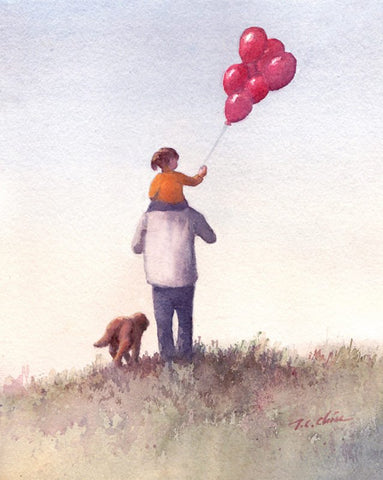 Art Print of  Watercolor painting - Father and Daughter holding Balloons with Dog at Park