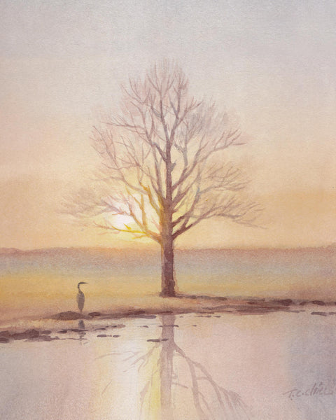 A Tree and an Egret - Art Print of Watercolor Painting - Trees, Nature, Lake, Field -  Peaceful Gift Watercolors