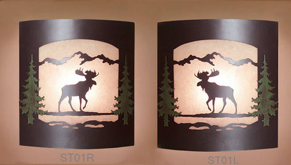 Pair of 2 Wall Sconce Rustic Moose Lights, Cabin Decor Lamp, Hand Painted Left & Right Facing