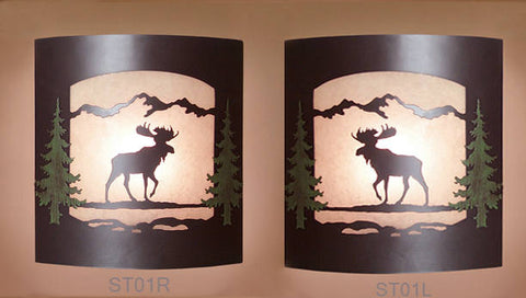 Pair of 2 Wall Sconce Rustic Moose Lights, Cabin Decor Lamp, Hand Painted Left & Right Facing