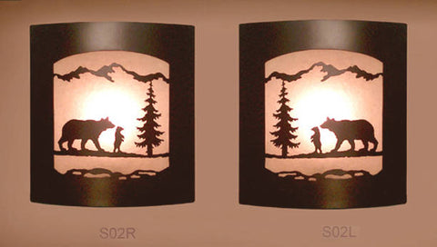 Pair of 2 Wall Sconce Rustic Bear Light, Cabin Decor Lamp Left & Right Facing