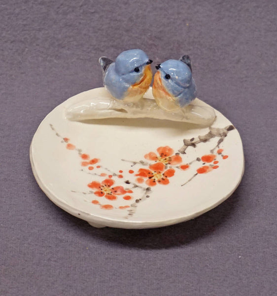 Ceramic Bird Dish, Ring Holder, Catch-All, Jewelry Dish, Blue Love Birds, Pink Flowers, Romantic, Wedding Gift, Valentine's day