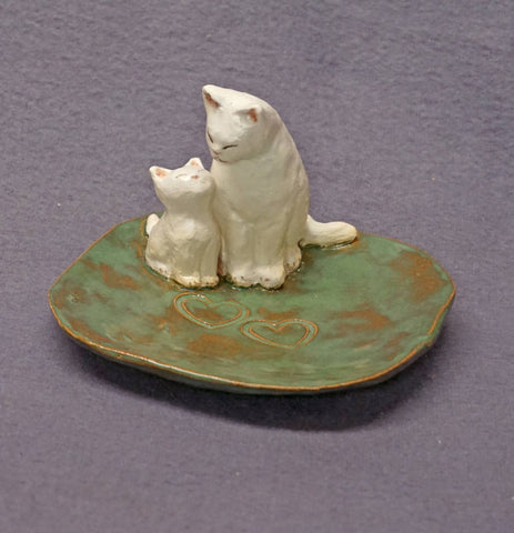 Handmade Ceramic Dish with Two Cats - Mother, kitten ,Trinket Holder, Ring Holder, Jewelry Holder, Mother's day