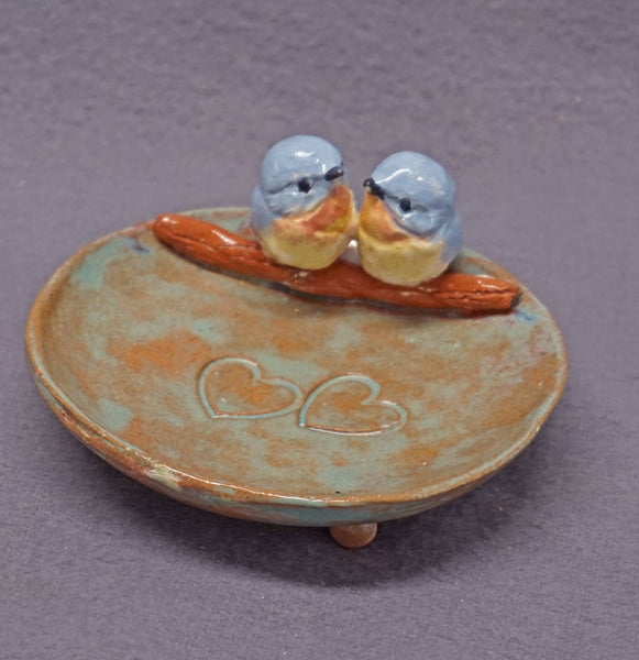 Ceramic Bird Dish, Ring Holder, Catch-All, Candle Holder, Jewelry Dish,Blue  Love Birds, Pink Flowers, Romantic, Wedding, Valentine's day