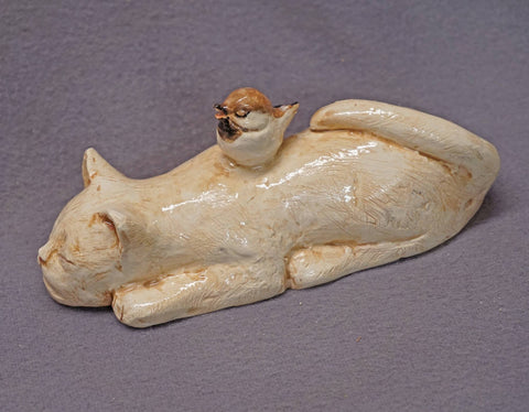 Handmade Ceramic Cat  and a  Bird - Cat Figurine, Cat Sculpture, Ceramic Animal, Harmony, Ceramic Art, Birthday Gift, Christmas Gift