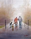 Walk In The Park Art print of watercolor painting - Old Couple - dogs, Trees, Park, Bench