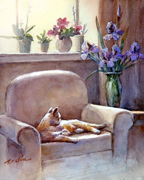 Cat on a couch, Art print of Watercolor Painting -  Pet, Boy's Room, Girl's Room, Childhood