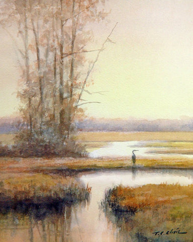 A Egret on the field, Wildlife Art Print of Watercolor Painting - Egrets, Trees,