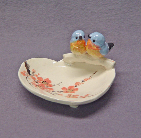 Handmade Ceramic Dish with Blue Love Birds - Ring Holder, Jewelry Holder, Trinket Holder, Wedding Gift  Anniversary Gift  Romantic Art