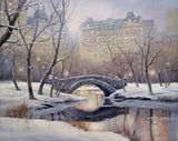 Central Park, New York Manhattan Original Oil Painting Archival Print - Cityscape, Winter Scene, Building, Snow, Stone Bridge, Stream