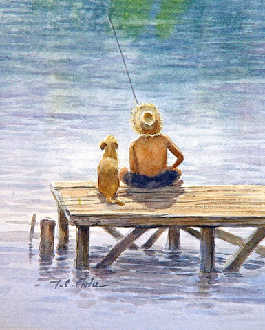 Boy and His Dog Friend Fishing Art print of Watercolor Painting -  Child, Pet, Boy's Room, Friendship, childhood, Companion