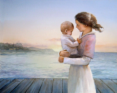 Mother and her Baby - Art Print - Love, Beach,  Nautical Nursery  - Ocean Waves, Nature