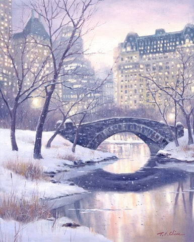 New York City, Central Park Art Print of Oil Painting, Bridge, Winter Cityscape, Snow