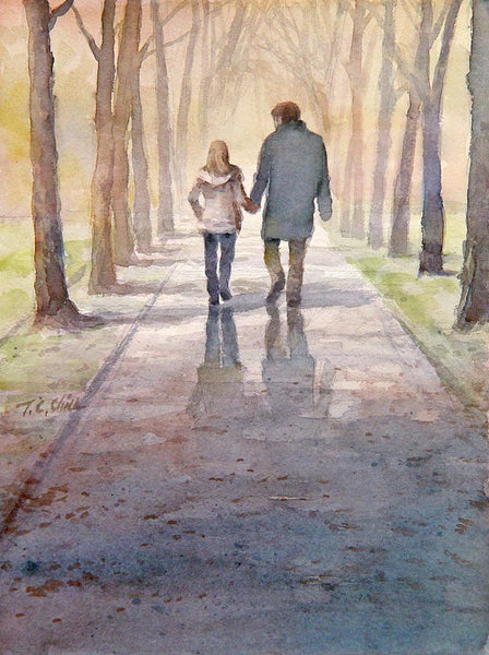 Father and Daughter Walking In The Park Art print of watercolor painting - Trees, Park