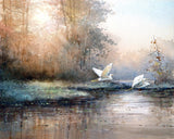 Egrets flying - Wildlife Art Print of Watercolor Painting - Birds, Egrets, Trees, Lake, Sunrise