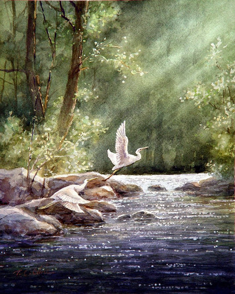 Egrets flying - Wildlife Art Print of Watercolor Painting - Birds, Egrets, Trees, Lake, Sunrise