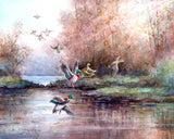 Ducks Art Print of watercolor painting - Forest Wildlife, Trees, Lake, Nature