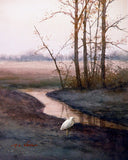 Egrets in the field - Wildlife Art Print of Watercolor Painting - Birds, Egrets, Trees, Lake, Sunrise