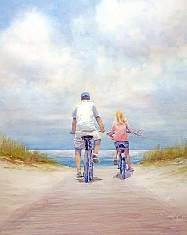 Father and Daughter bicycling on the beach Art print of watercolor painting - Trees, Park