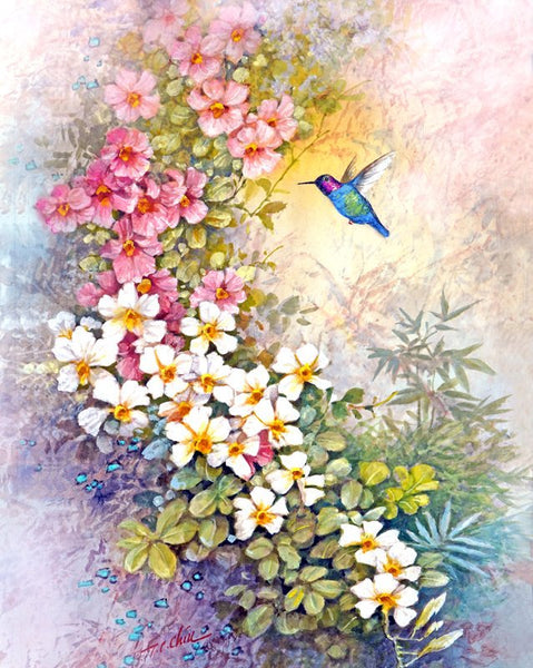 Humming Birds and  Flowers  Archival Print of Watercolor Painting